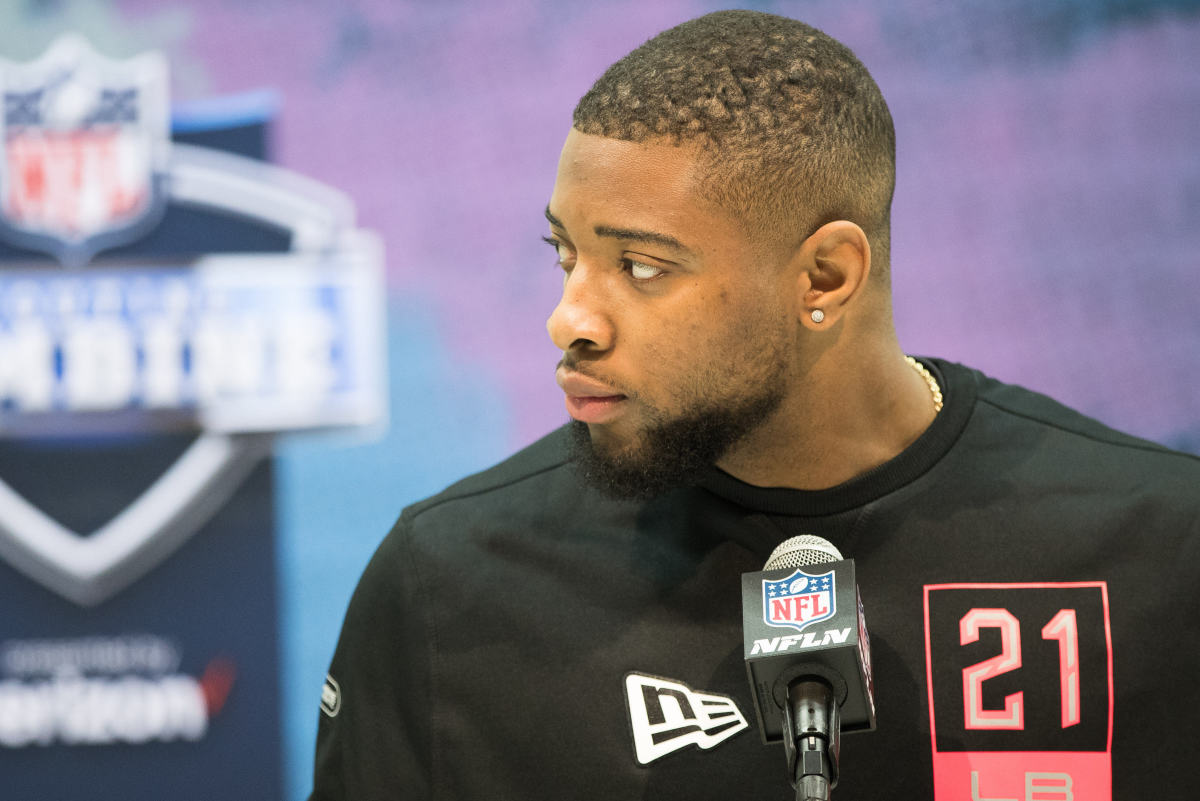 Feb 27, 2020; Indianapolis, Indiana, USA; Alabama linebacker Anfernee Jennings (LB21) speaks to the media during the 2020 NFL Combine in the Indianapolis Convention Center.