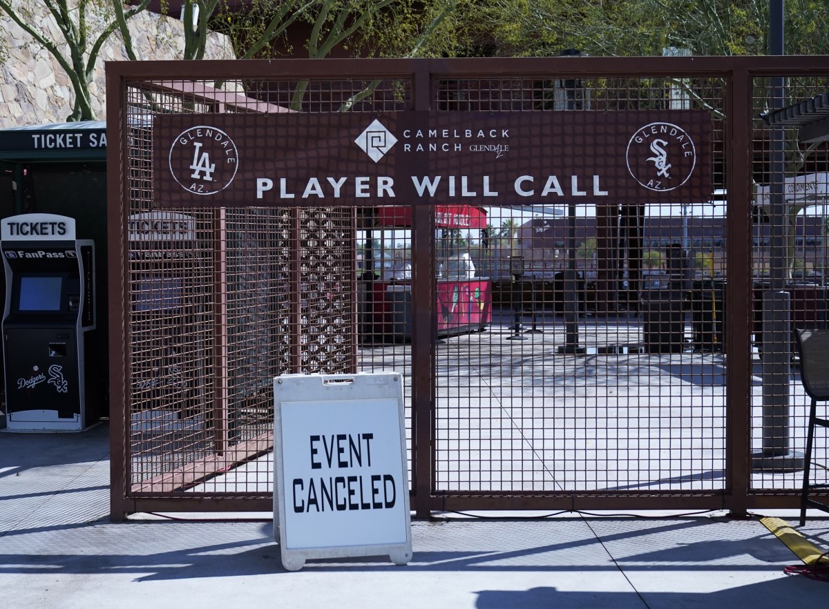 Mar 15, 2020; Phoenix, Arizona, USA; The gates are closed at Camelback Ranch after all remaining MLB spring training games have been canceled due to the COVID-19 coronavirus. Mandatory Credit: Rick Scuteri-USA TODAY Sports