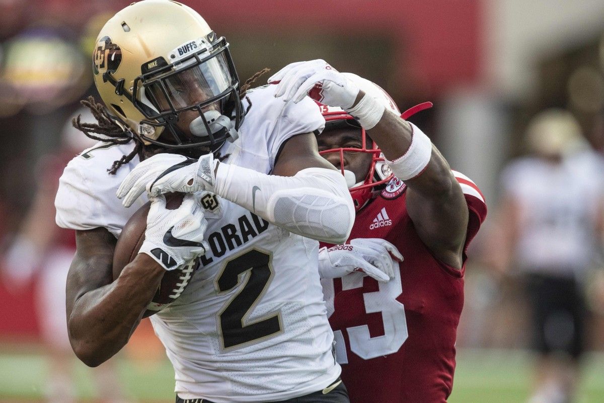 Colorado Buffaloes wide receiver Laviska Shenault Jr. (2) catches a touchdown pass against Nebraska Cornhuskers cornerback DiCaprio Bootle (23) in the second half at Memorial Stadium. Colorado won 33-28.