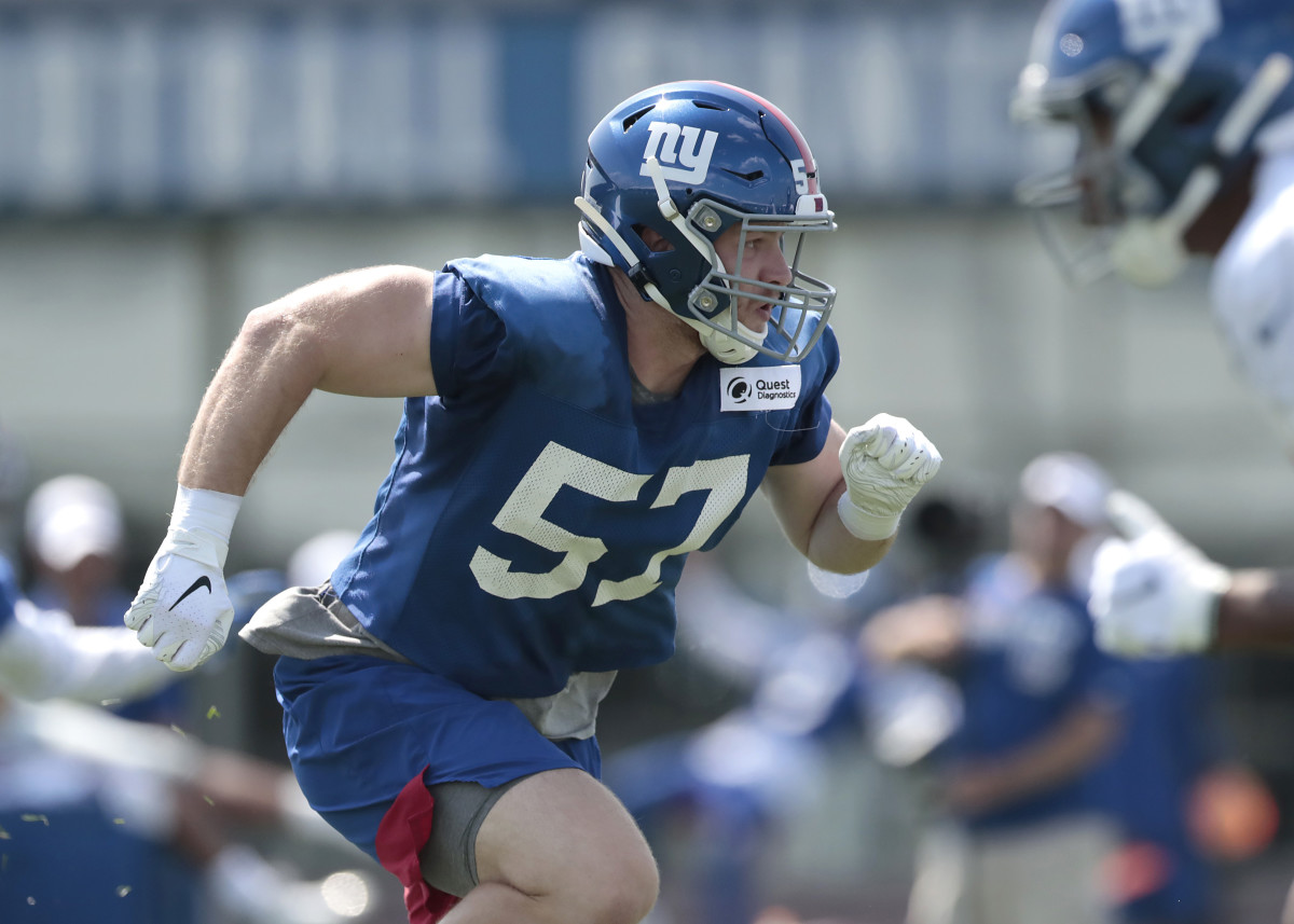 Jul 25, 2019; East Rutherford, NJ, USA; New York Giants inside linebacker Ryan Connelly (57) participates in drills during the first day of training camp at Quest Diagnostics Training Center.