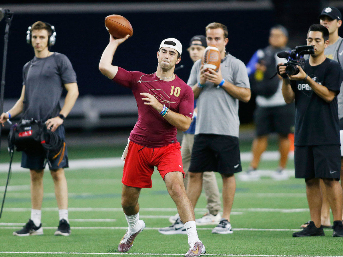 Quarterback Drew Pyne throws a pass in the 7 on 7 tournament 'The Opening' in July 2019.