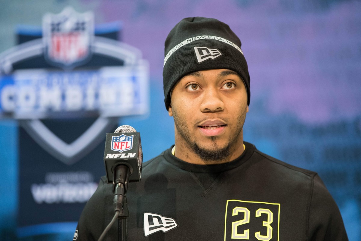 Mississippi running back Scottie Phillips (RB23) speaks to the media during the 2020 NFL Combine in the Indianapolis Convention Center. Mandatory Credit: Trevor Ruszkowski-USA TODAY Sports