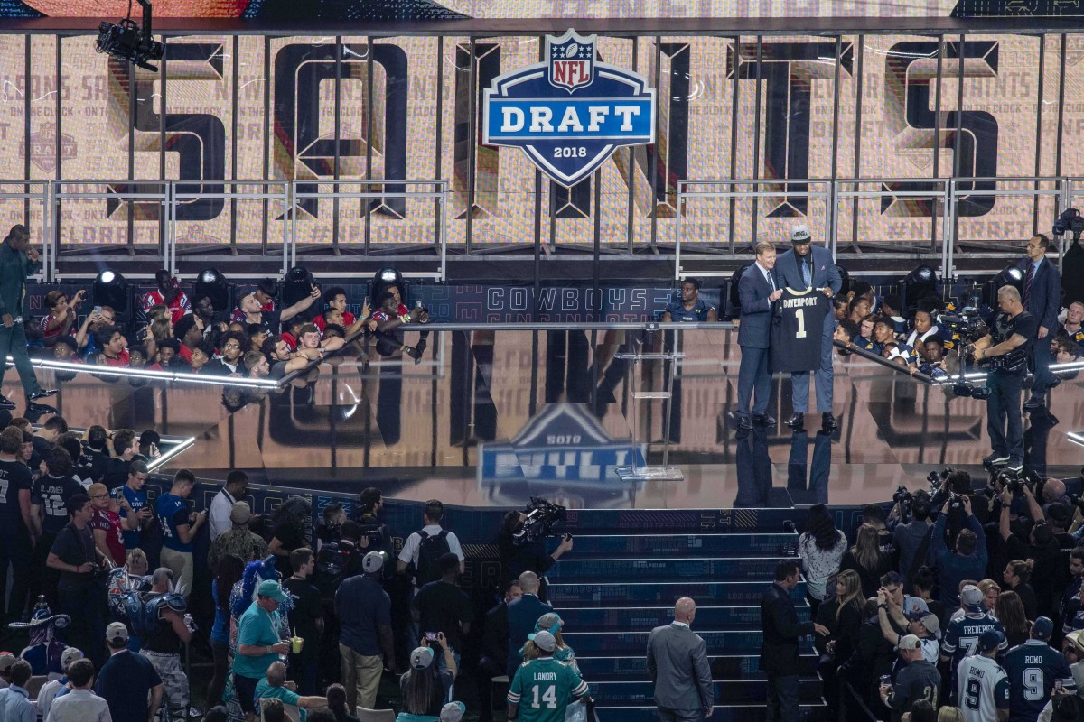 Apr 26, 2018; Arlington, TX, USA; NFL commissioner Roger Godell announces the pick of Texas-San Antonio defensive end Marcus Davenport by the New Orleans Saints during the 2018 NFL Draft at AT&T Stadium. Mandatory Credit: Jerome Miron-USA TODAY Sports