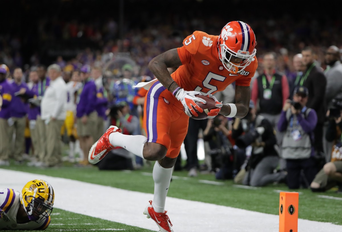 Clemson wide receiver Tee Higgins, AllColts.com's Mock Draft choice for the Indianapolis Colts in the second round, leaps toward the end zone in January's FBS National Championship Game in New Orleans.