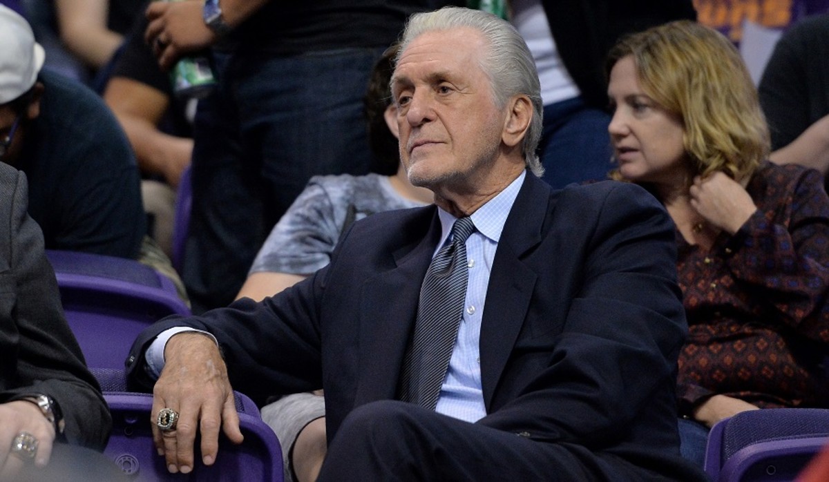 Miami Heat president Pat Riley watches a game between the Heat and Phoenix Suns at Talking Stick Resort Arena.