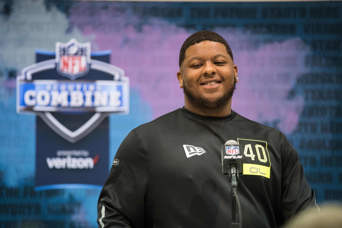 Feb 26, 2020; Indianapolis, Indiana, USA; Michigan offensive lineman Cesar Ruiz (OL40) speaks to the media during the 2020 NFL Combine in the Indianapolis Convention Center. Mandatory Credit: Trevor Ruszkowski-USA TODAY Sports