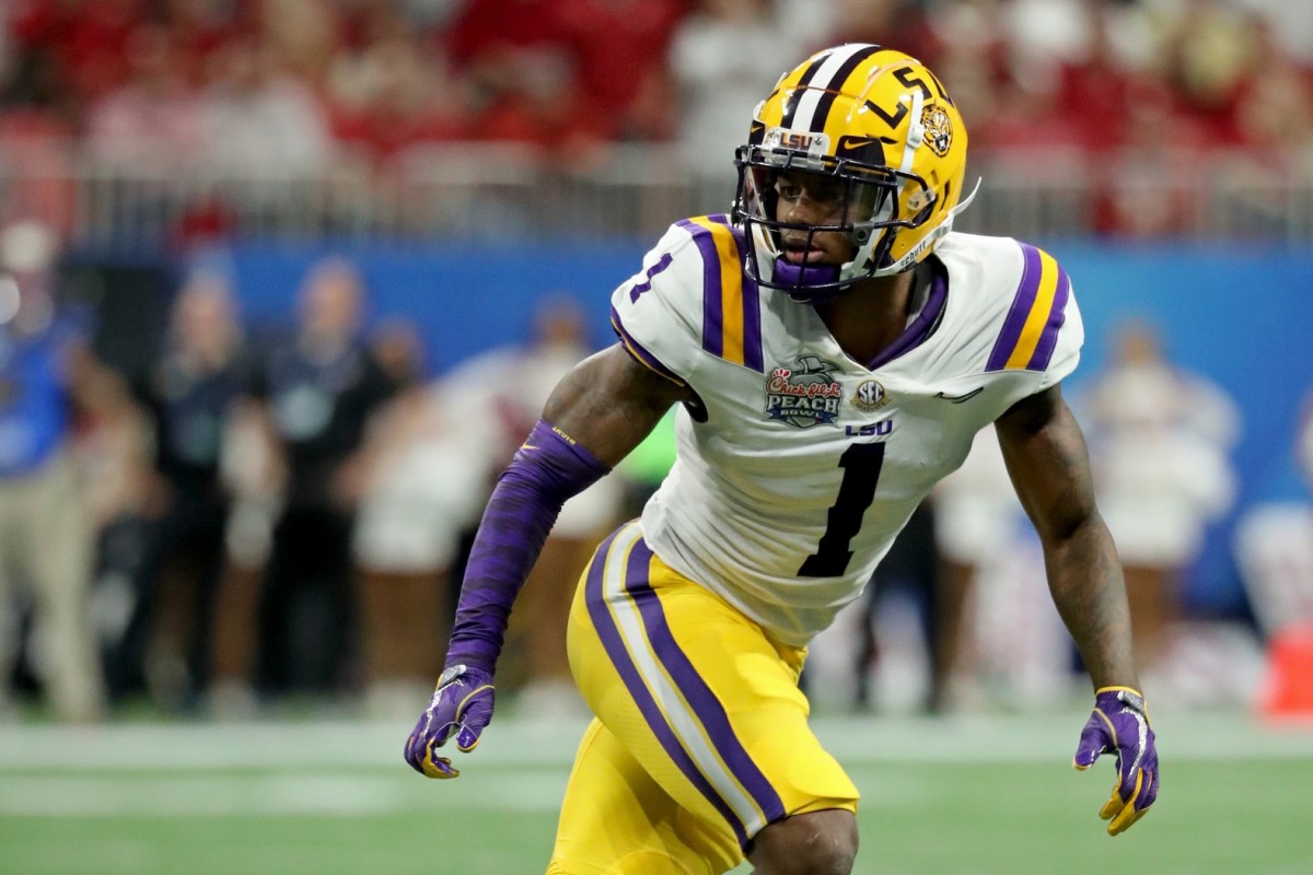 Dec 28, 2019; Atlanta, Georgia, USA; LSU Tigers defensive back Kristian Fulton (1) during the second half of the 2019 Peach Bowl college football playoff semifinal game against the Oklahoma Sooners at Mercedes-Benz Stadium. Mandatory Credit: Jason Getz-USA TODAY Sports