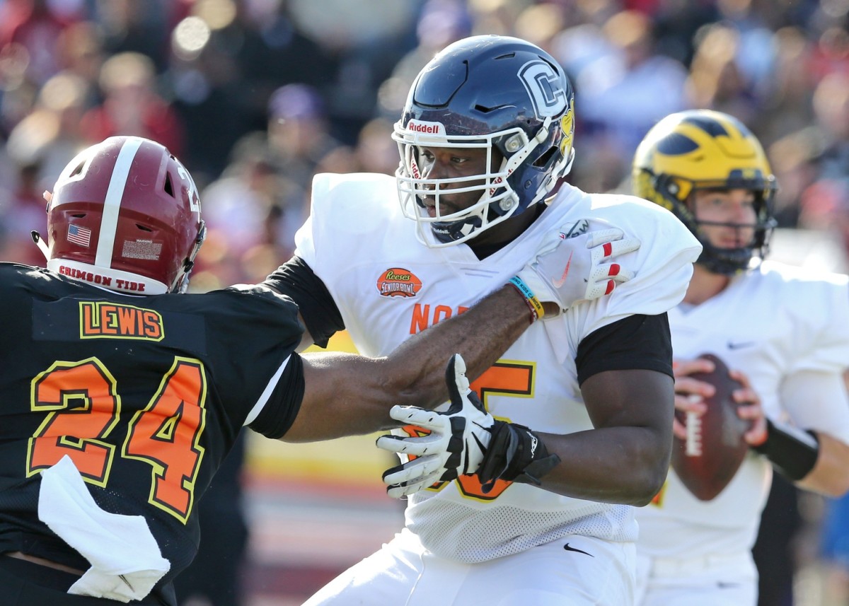 Jan 25, 2020; Mobile, AL, USA; North offensive tackle Matt Peart of Connecticut (65) in the first half of the 2020 Senior Bowl college football game at Ladd-Peebles Stadium.