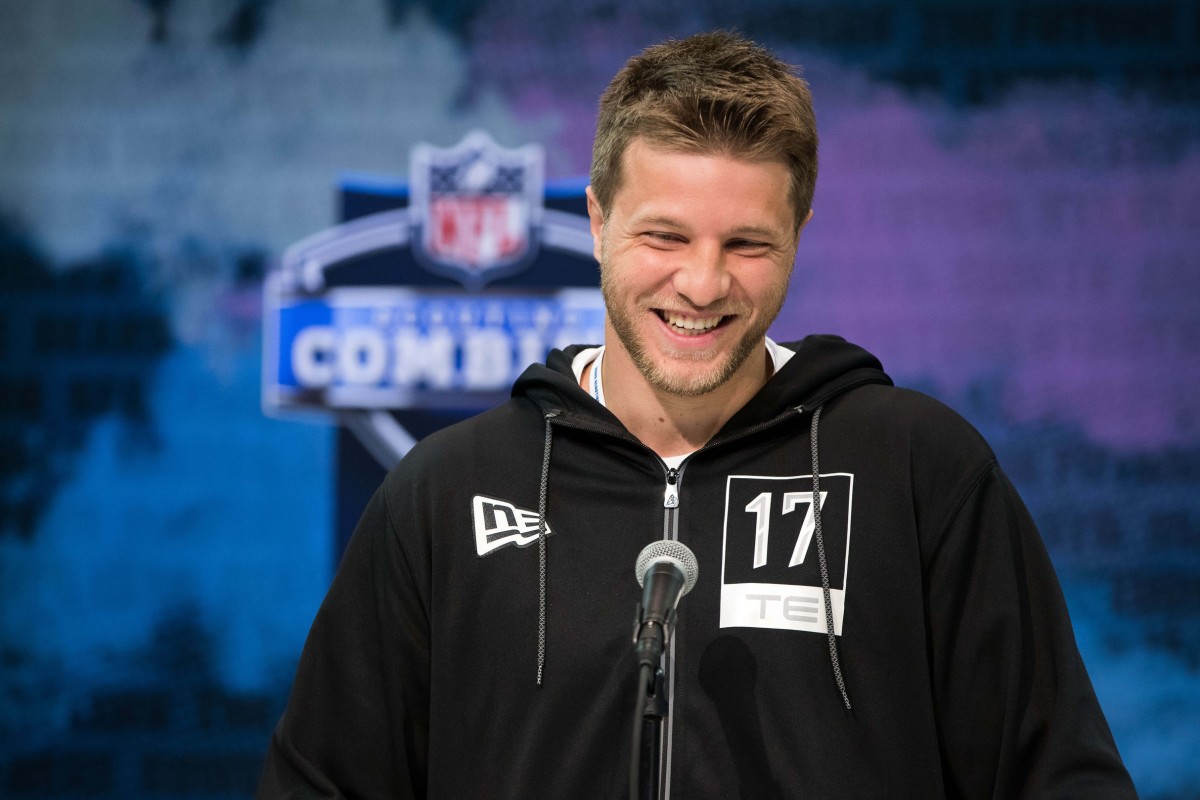 Adam Trautman talks with media at the 2020 NFL Combine