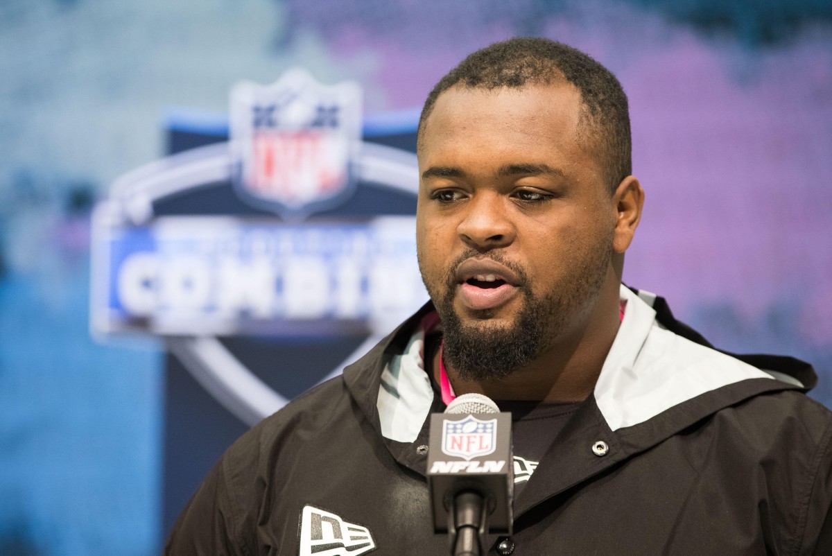 Mississippi defensive lineman Benito Jones (DL13) speaks to the media during the 2020 NFL Combine in the Indianapolis Convention Center. Mandatory Credit: Trevor Ruszkowski-USA TODAY Sports