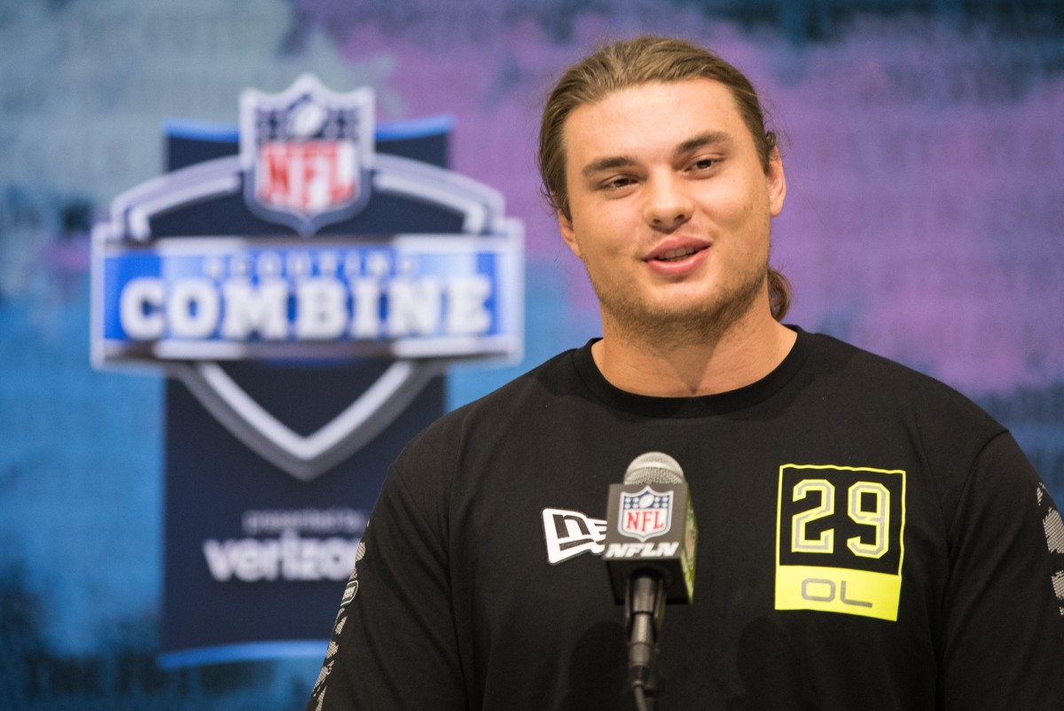 Feb 26, 2020; Indianapolis, Indiana, USA; Oregon offensive lineman Shane Lemieux (OL29) speaks to the media during the 2020 NFL Combine in the Indianapolis Convention Center.