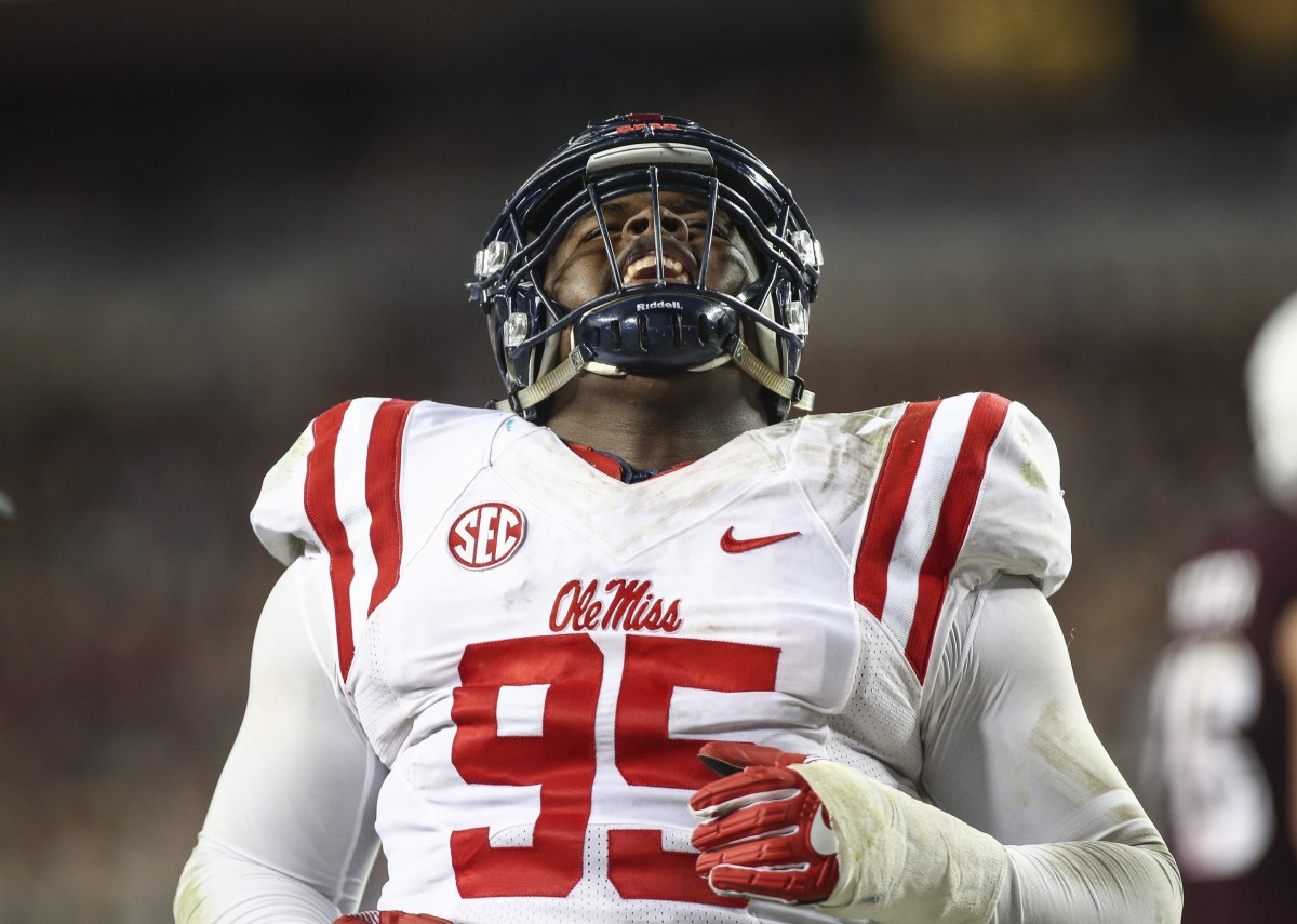 Mississippi Rebels defensive tackle Benito Jones (95) reacts after a play during the fourth quarter against the Texas A&M Aggies at Kyle Field. Mandatory Credit: Troy Taormina-USA TODAY Sports