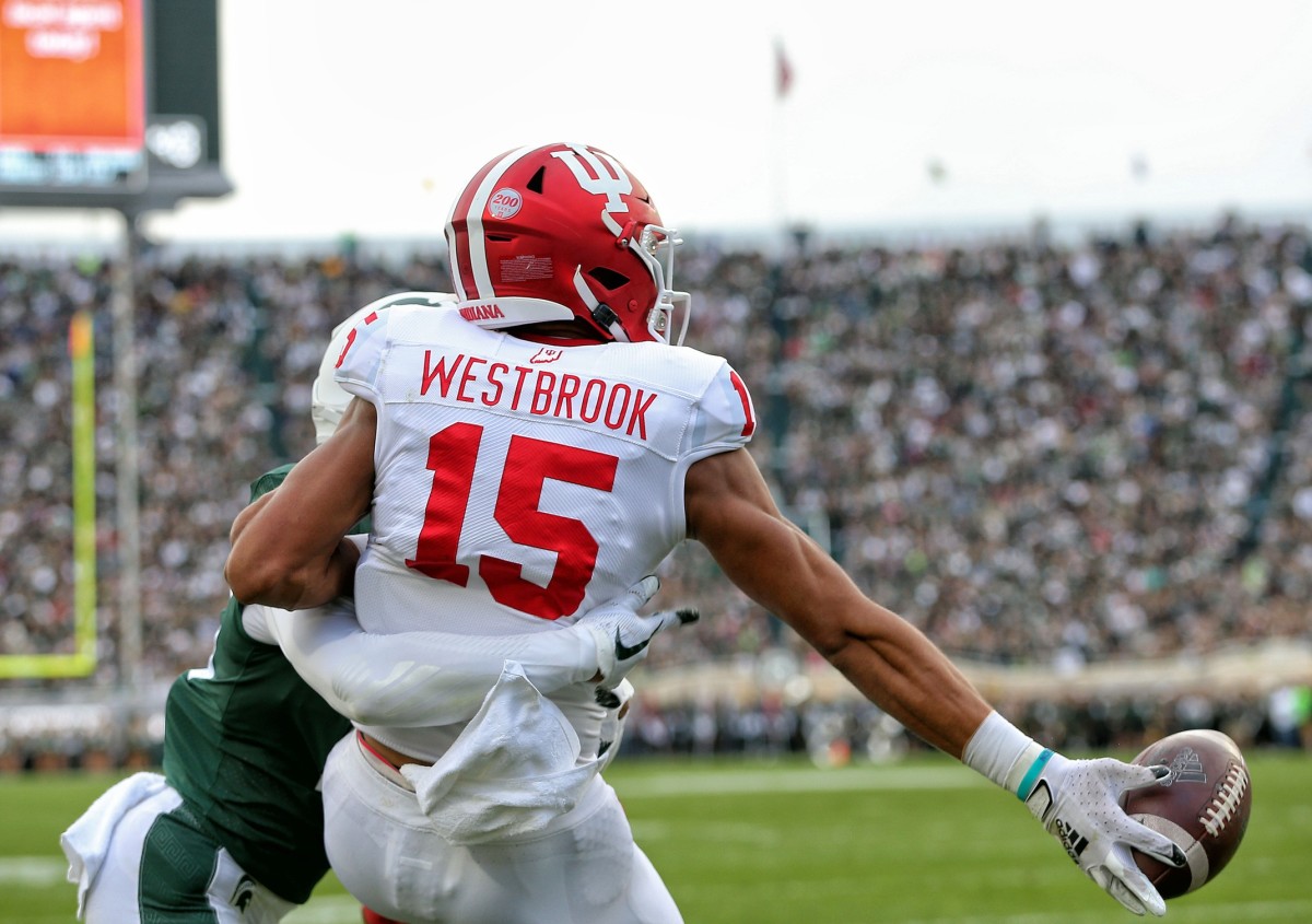 Indiana's Nick Westbrook (15) makes a one-handed catch against Michigan State in September. (USA TODAY Sports)