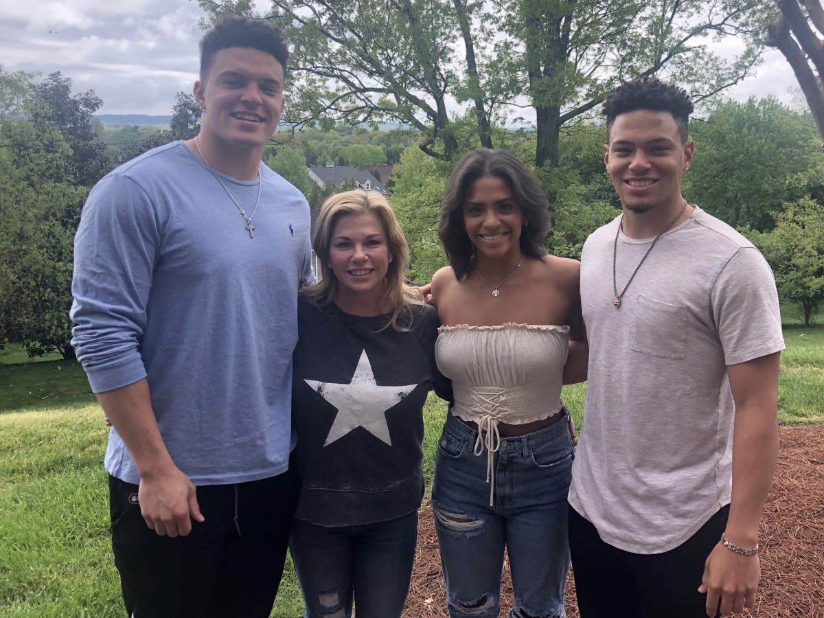 Purdue tight end Brycen Hopkins (left) is pictured on NFL Draft Day with his mother Kellie, his sister Gentry, who's on Tennessee's national championship dance team, an brother Collin, who is the starting catcher on Indiana's baseball team. (Photo courtesy of Hopkins family)