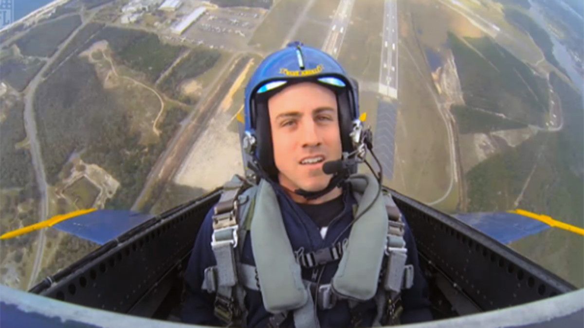 Bailey looks okay, but maybe a little queasy in the cockpit with the Navy's Blue Angels.