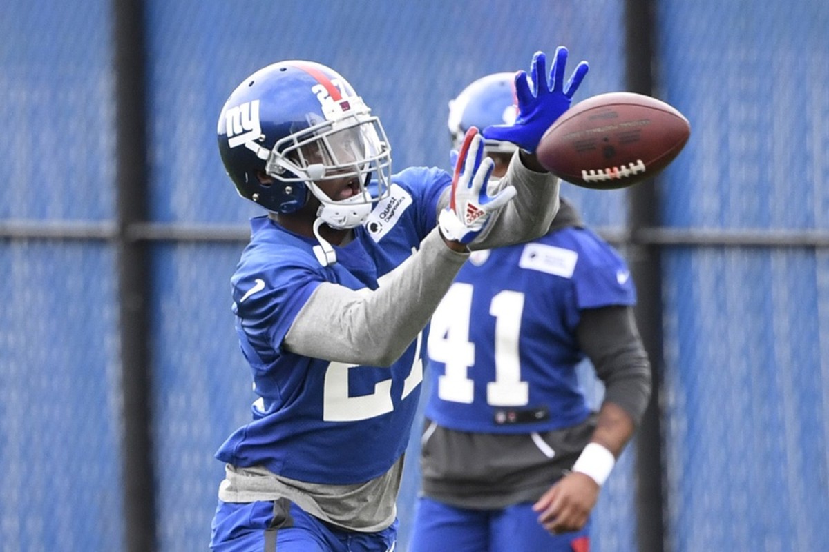 June 5, 2019; East Rutherford, NJ, USA; New York Giants rookie cornerback DeAndre Baker participates in drills during minicamp.