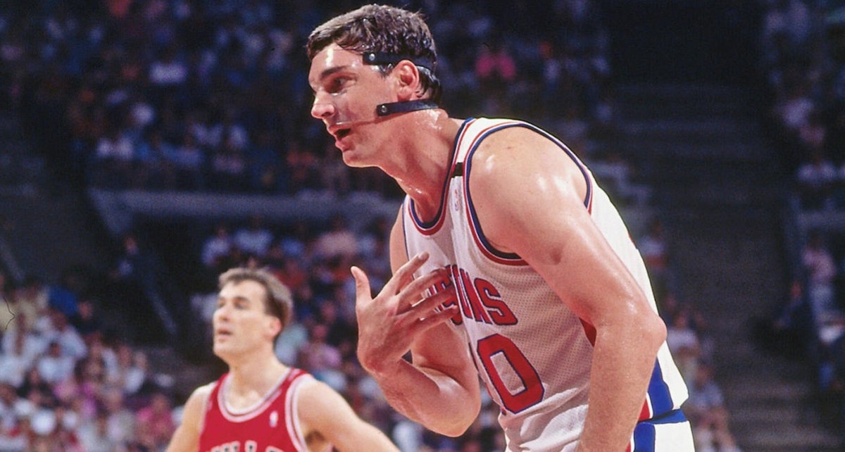 Former Detroit Pistons center Bill Laimbeer questions a call during the 1991 NBA Playoffs vs. the Chicago Bulls.