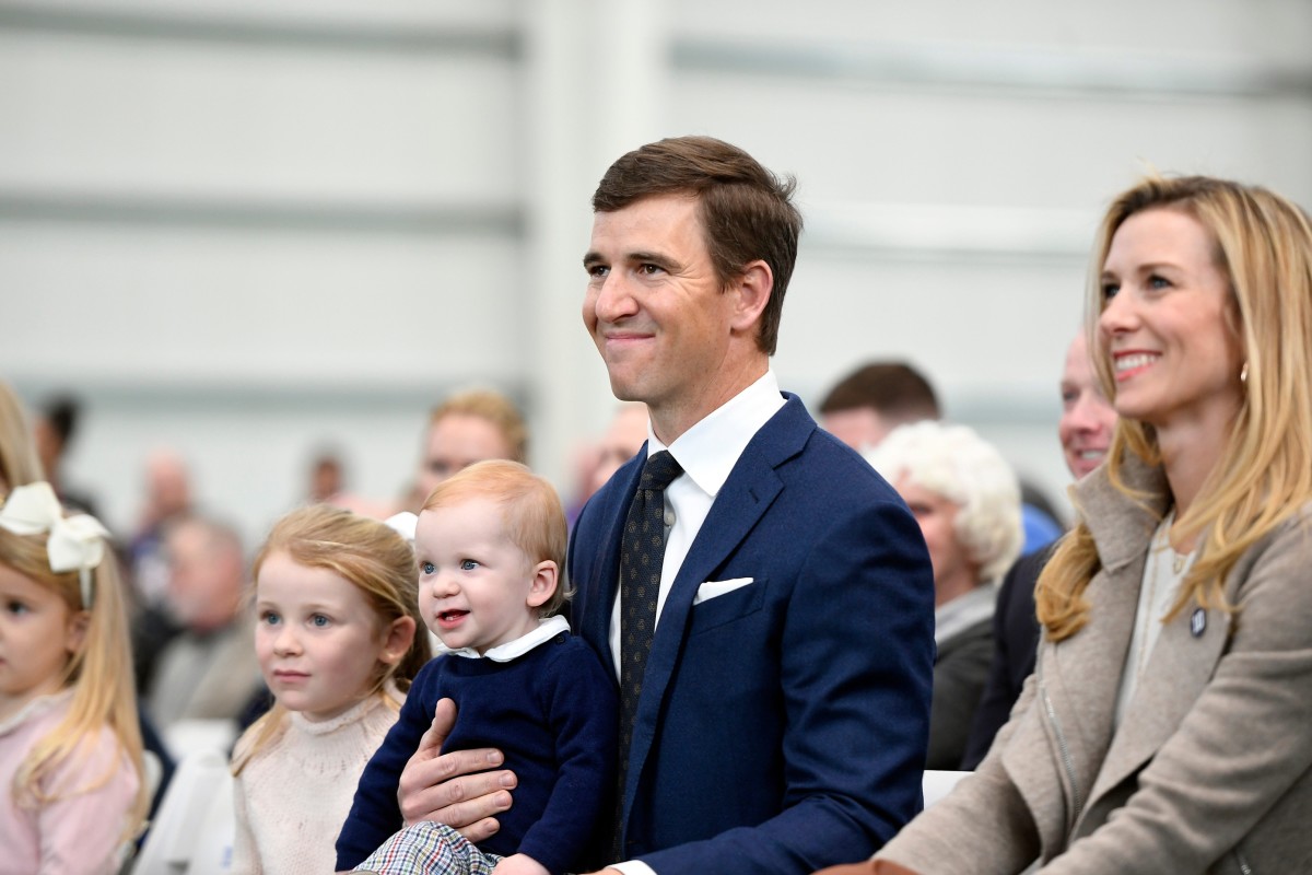 New York Giants quarterback Eli Manning watches a tribute video made of his career with his family at Quest Diagnostics Training Center on Friday, Jan. 24, 2020, in East Rutherford..