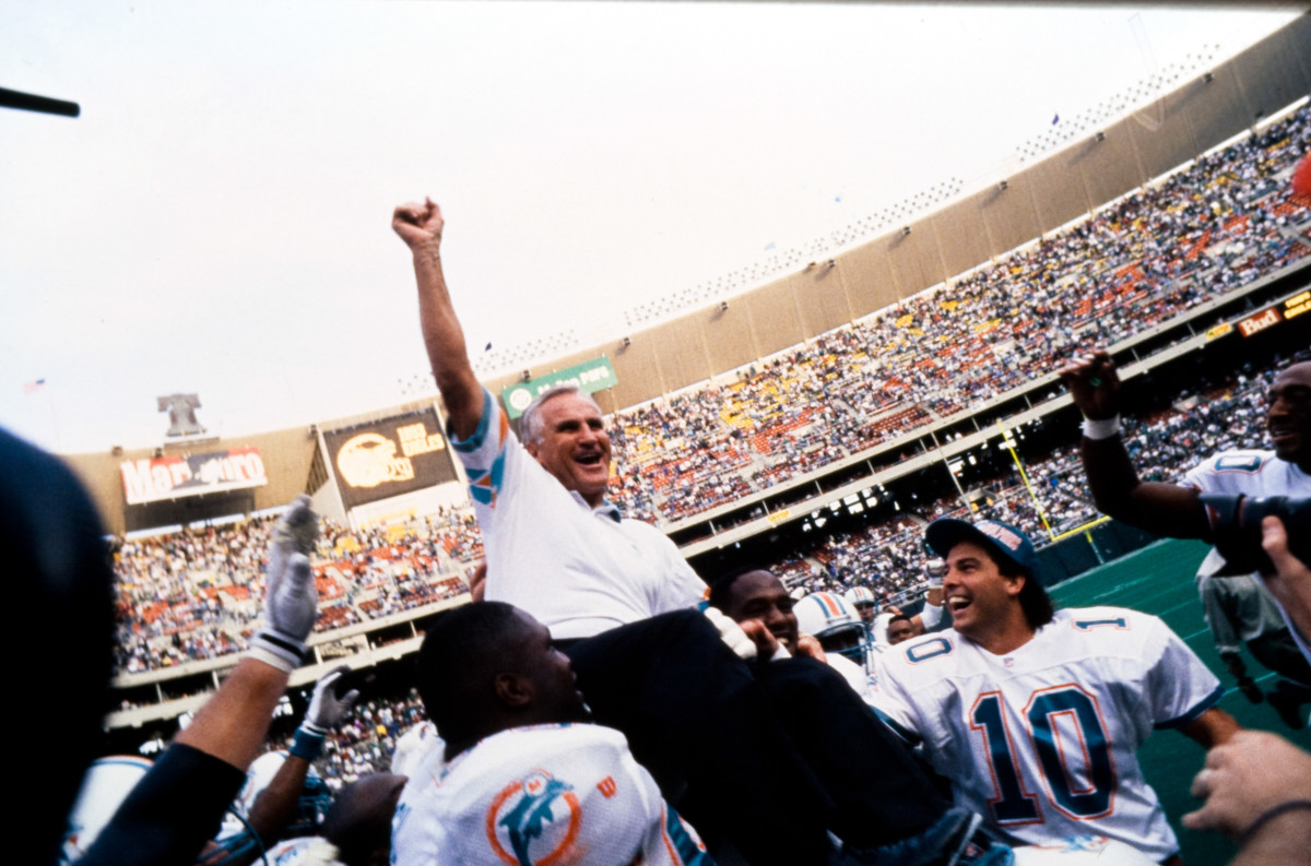 Don Shula gets a victory ride after becoming the winningest coach in NFL history