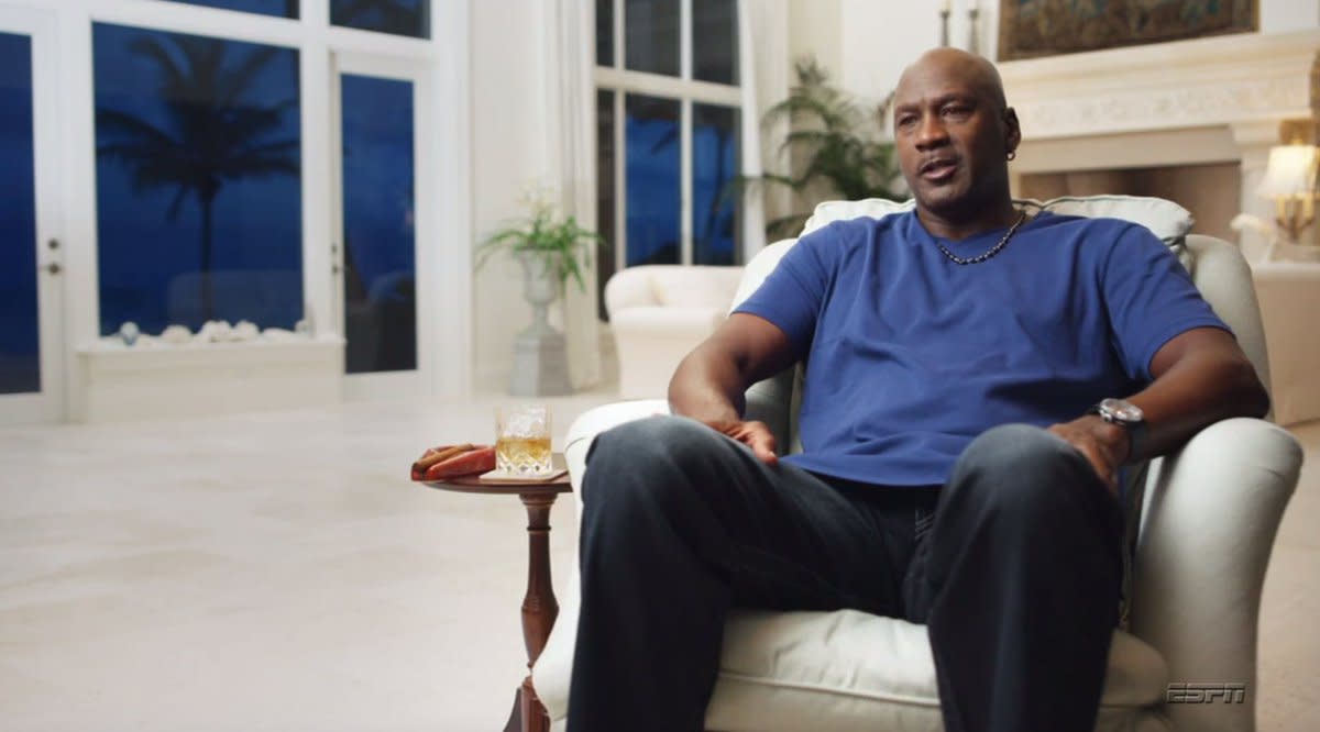 Screenshot from ESPN's 'The Last Dance' showing Michael Jordan's tequila glass