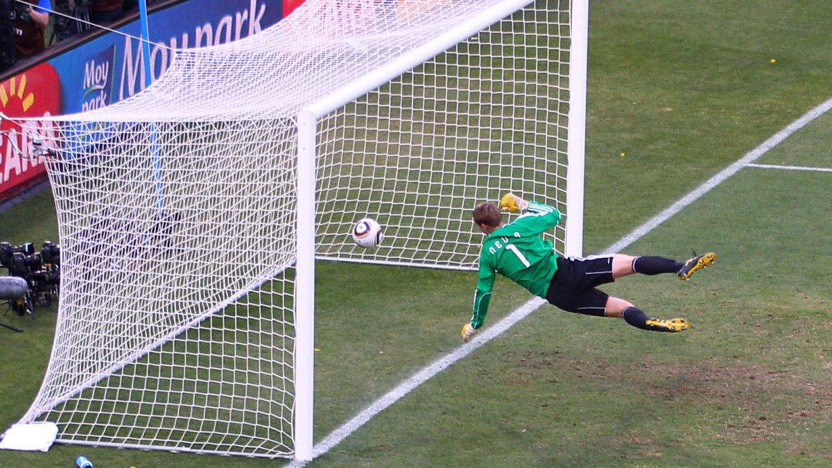 Manuel Neuer watches Frank Lampard's shot hit off the crossbar in the 2010 World Cup
