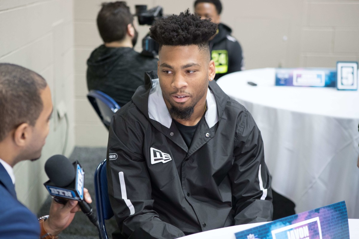 Feb 26, 2020; Indianapolis, Indiana, USA; Maryland running back Javon Leake (RB17) speaks to the media during the 2020 NFL Combine in the Indianapolis Convention Center.