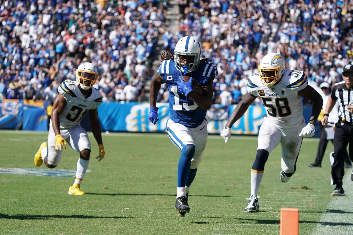 Indianapolis Colts wide receiver T.Y. Hilton speeds toward the end zone for a touchdown reception in the 2019 season opener at the L.A. Chargers.
