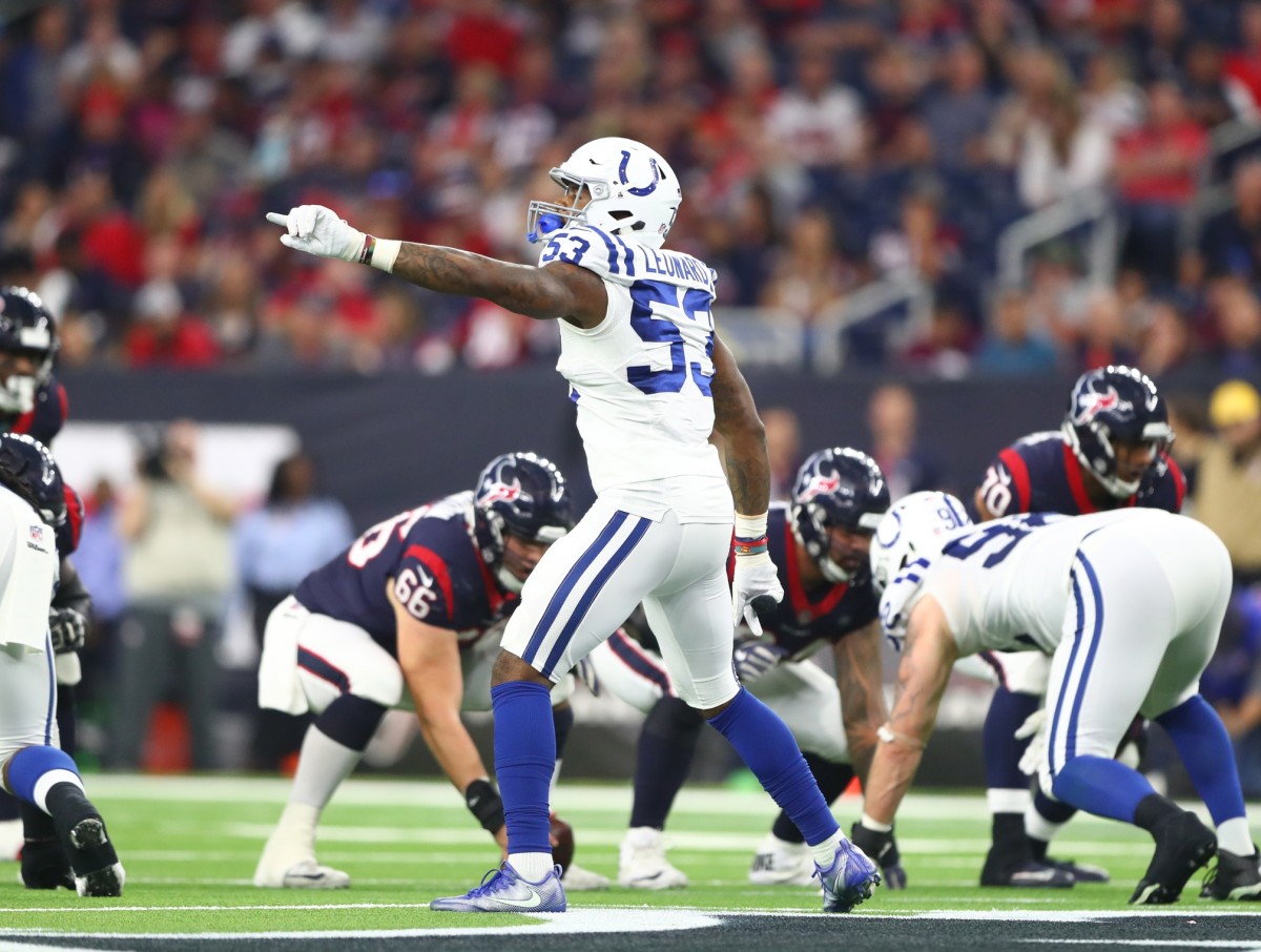 Indianapolis Colts weakside linebacker Darius Leonard, shown making a defensive call in a 2019 game at Houston, has 284 total tackles in two seasons.