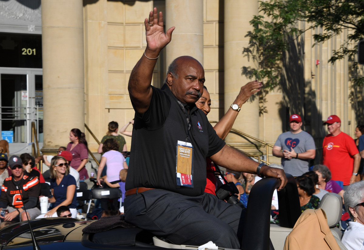 Aug 3, 2019; Canton, OH, USA; Willie Lanier reacts during the Pro Football Hall of Fame Grand Parade on Cleveland Avenue in Downtown Canton. 