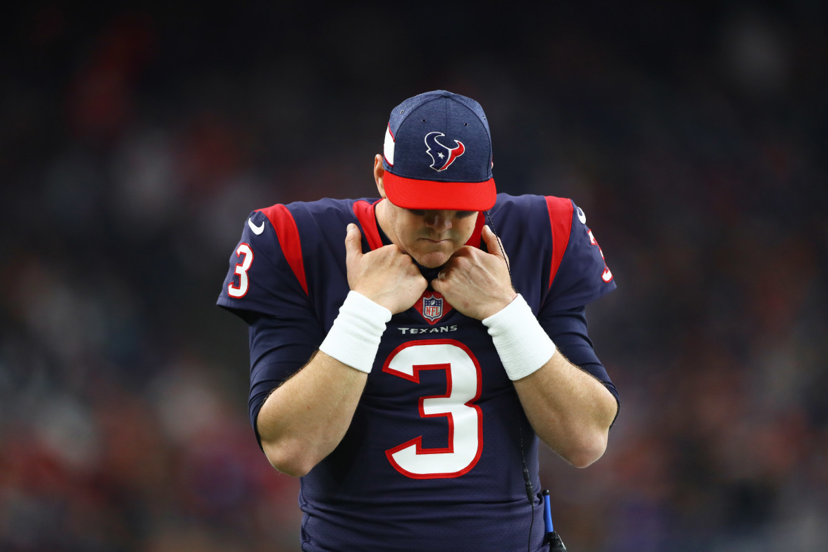 Former Browns quarterback and busted first-round draft pick Brandon Weeden reacts during a game against the Colts in the 2019 AFC Wild Card playoff round. Weeden has remained a backup quarterback in the NFL with three teams.