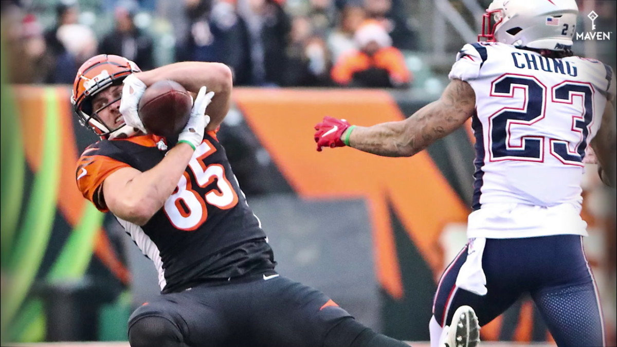 Dec 15, 2019; Cincinnati, OH, USA; Cincinnati Bengals tight end Tyler Eifert (85) goes for the pass as New England Patriots strong safety Patrick Chung (23) defends during the fourth quarter at Paul Brown Stadium. Mandatory Credit: Joe Maiorana-USA TODAY Sports