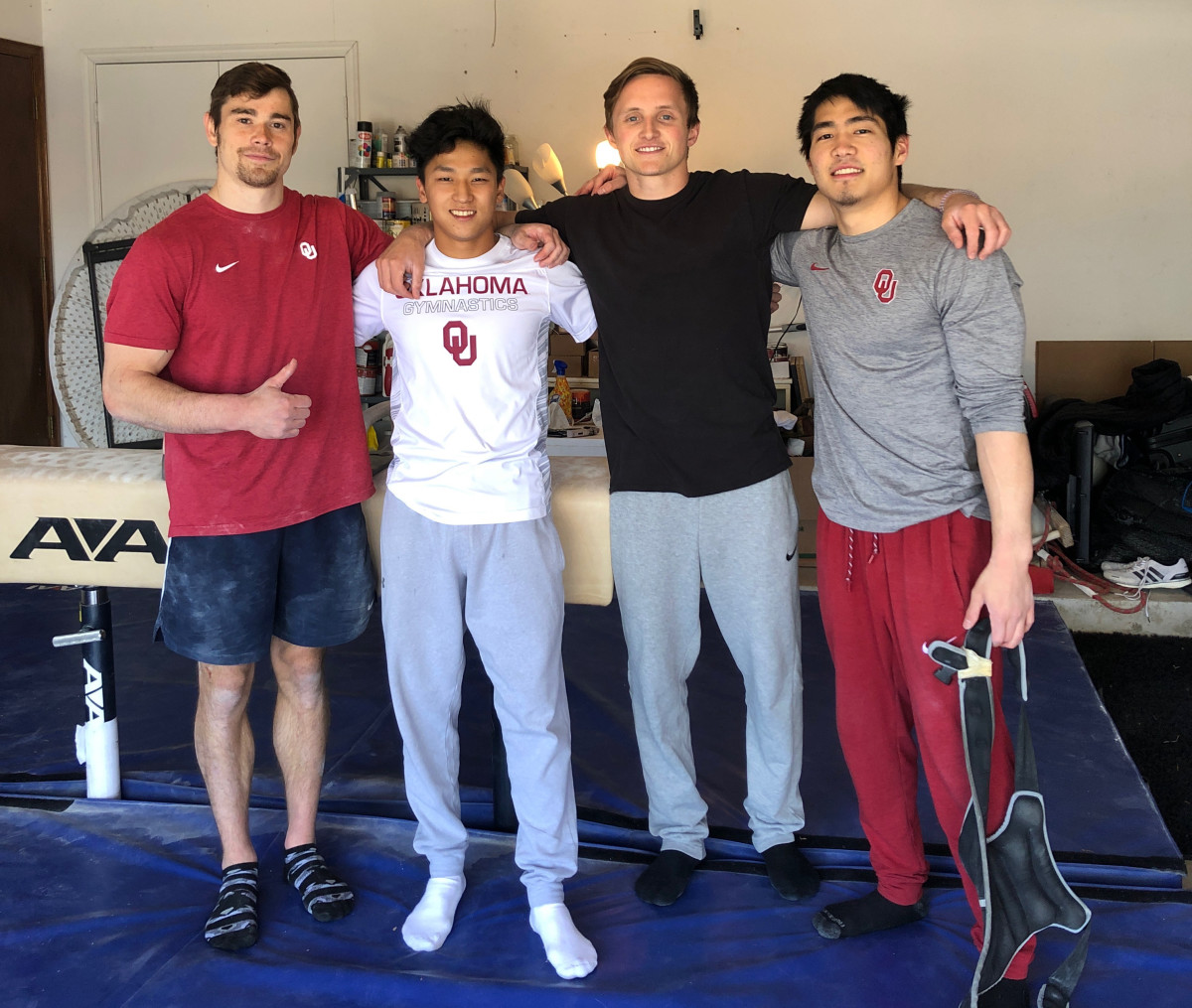 From left: Former Sooners Colin Van Wicklen, Yul Moldauer, Allan Bower and Genki Suzuki after a recent workout. 