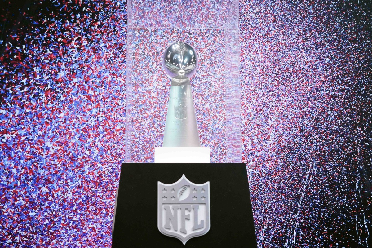 Feb 26, 2020; Indianapolis, Indiana, USA; Detailed view of the Super XLI Vince Lombardi Trophy to commemorate the Indianapolis Colts 29-17 victory over the Chicago Bears on Feb 4, 2007 at Dolphin Stadium in Miami Gardens, Fla. Mandatory Credit: Kirby Lee-USA TODAY Sports