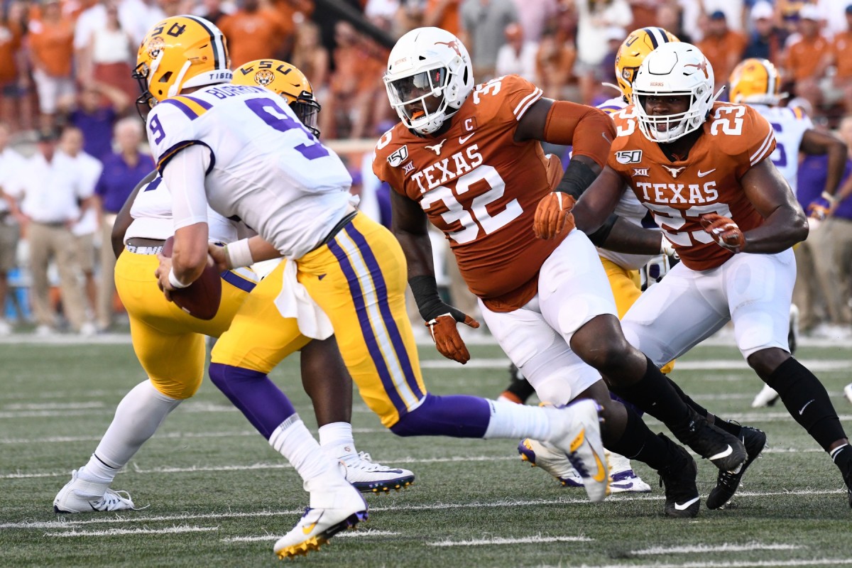 Sep 7, 2019; Austin, TX, USA; Texas Longhorns defensive end Malcolm Roach(32) in the first half against the Louisiana State Tigers at Darrell K Royal-Texas Memorial Stadium. Mandatory Credit: Scott Wachter-USA TODAY Sports