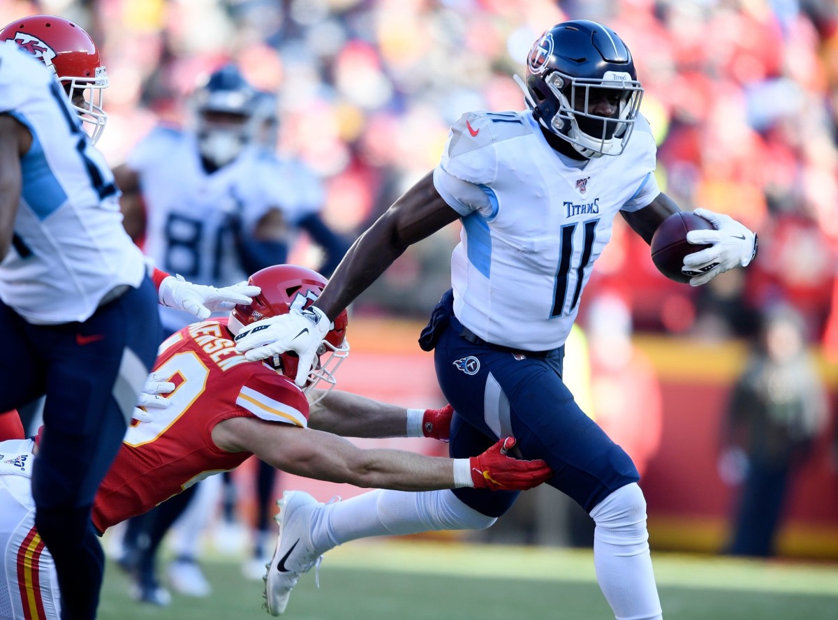 Tennessee Titans wide receiver A.J. Brown (11) gains yards during the first quarter of the AFC Championship game against the Kansas City Chiefs at Arrowhead Stadium Sunday, Jan. 19, 2020 in Kansas City, Mo. (Andrew Nelles / Tennesseean)