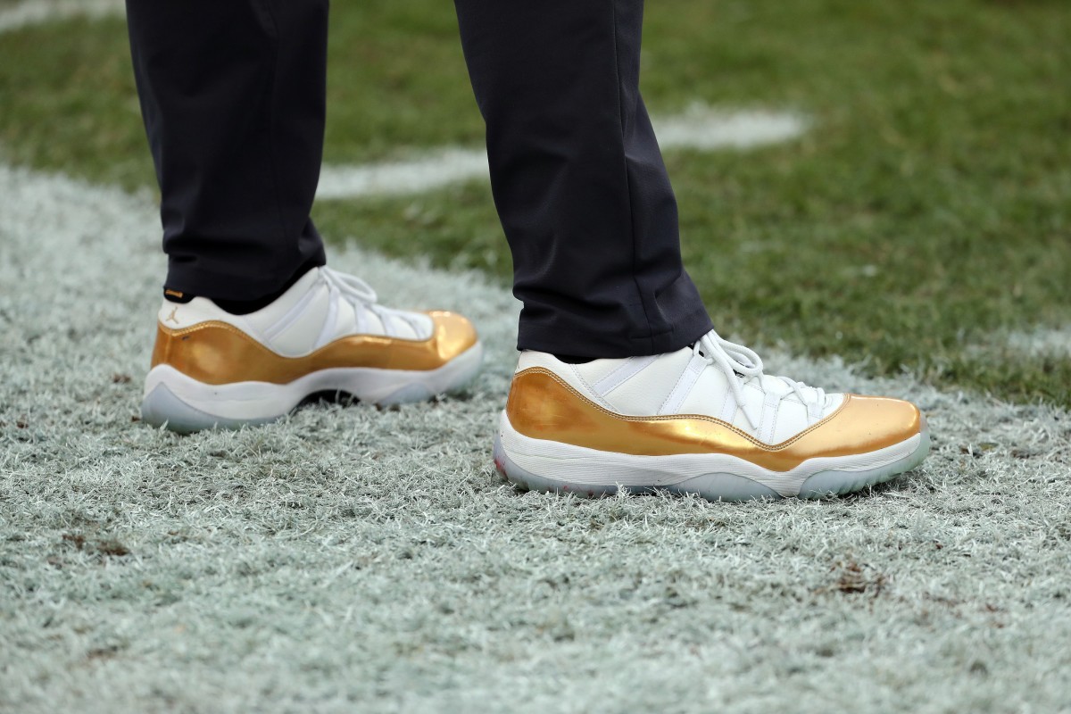 A detail view of the sneakers worn by New Orleans Saints head coach Sean Payton during a game against the Tampa Bay Buccaneers.