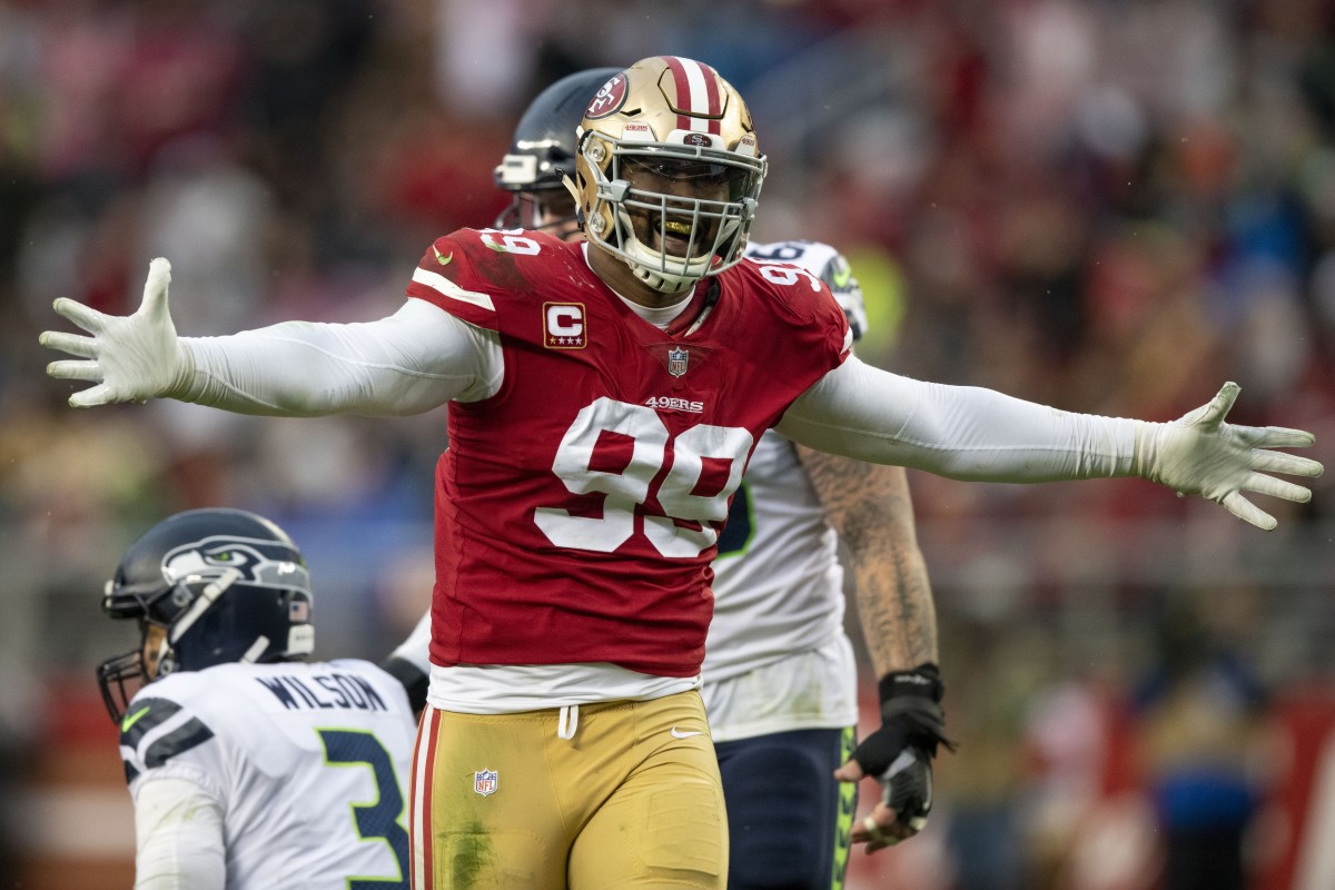 Defensive tackle DeForest Buckner, shown celebrating a play against Seattle, was acquired by the Indianapolis Colts for a 2020 first-round draft choice.