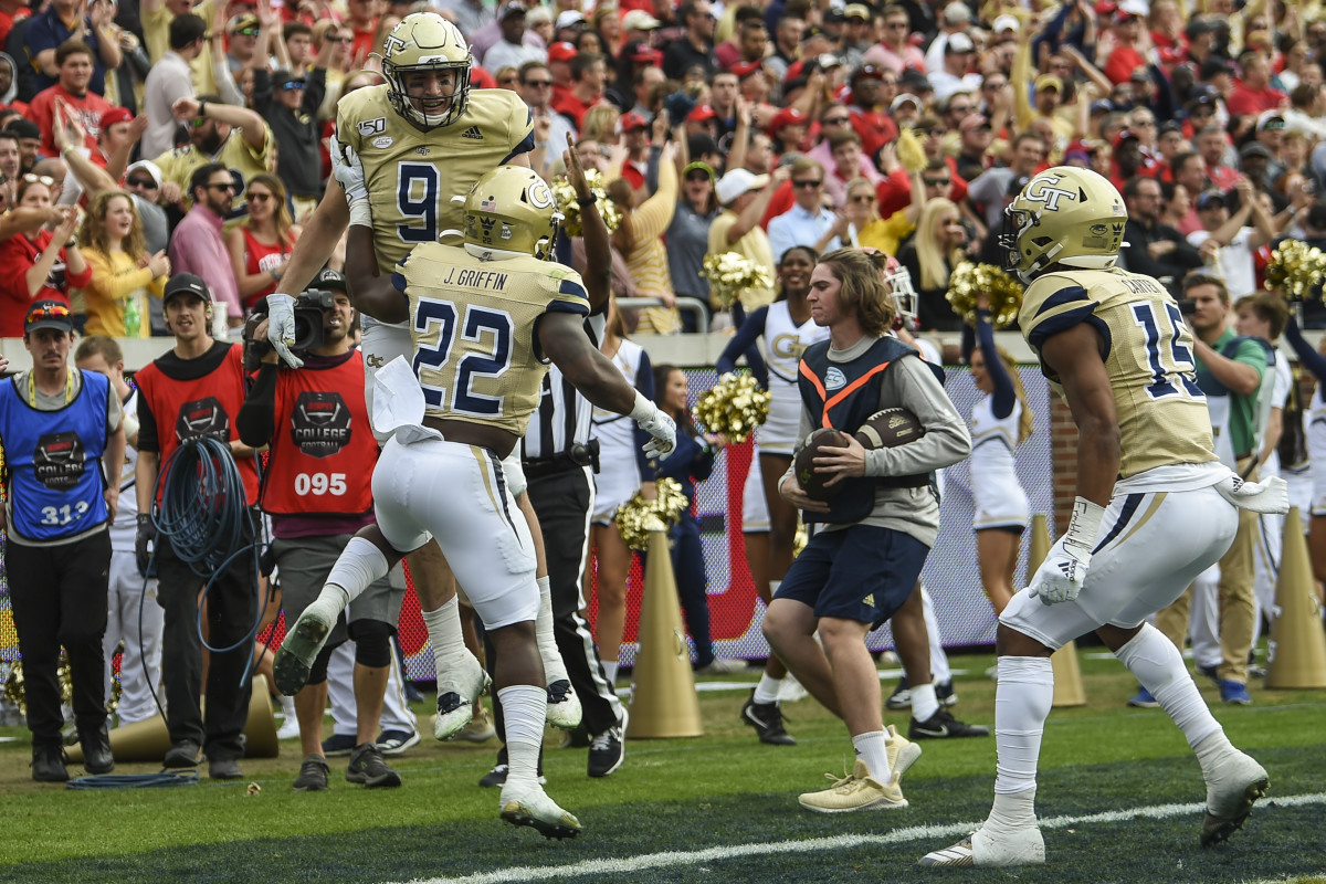 Nov 30, 2019; Atlanta, GA, USA; Georgia Tech Yellow Jackets tight end Tyler Davis (9) reacts after scoring a touchdown against the Georgia Bulldogs during the first half at Bobby Dodd Stadium. Mandatory Credit: Dale Zanine-USA TODAY Sports