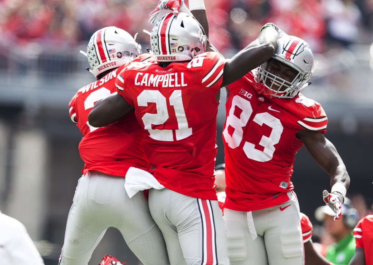 When wide receiver Parris Campbell (21) struggled with injuries as an NFL rookie for the Indianapolis Colts, he turned to former Ohio State teammate Terry McLaurin (83) for support.