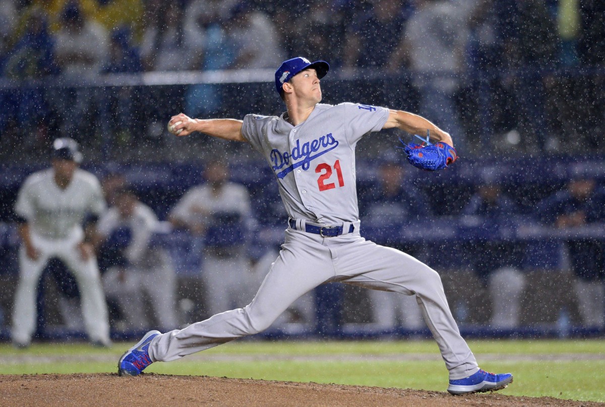 May 4, 2018; Monterrey, Nuevo Leon, Mexico; Los Angeles Dodgers starting pitcher Walker Buehler (21) throws a pitch to a San Diego Padres batter during the first inning at Estadio de Beisbol Monterrey. Mandatory Credit: Orlando Ramirez-USA TODAY Sports