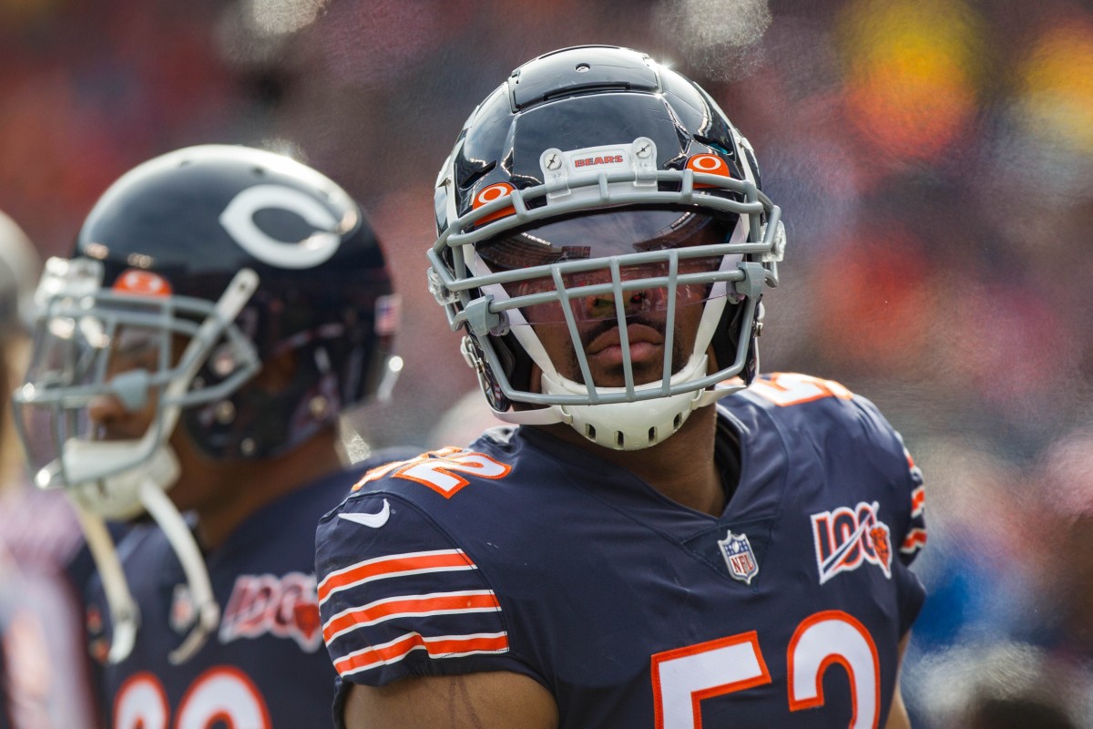 Nov 24, 2019; Chicago, IL, USA; Chicago Bears outside linebacker Khalil Mack (52) looks on from the bench in the first quarter against the New York Giants at Soldier Field.