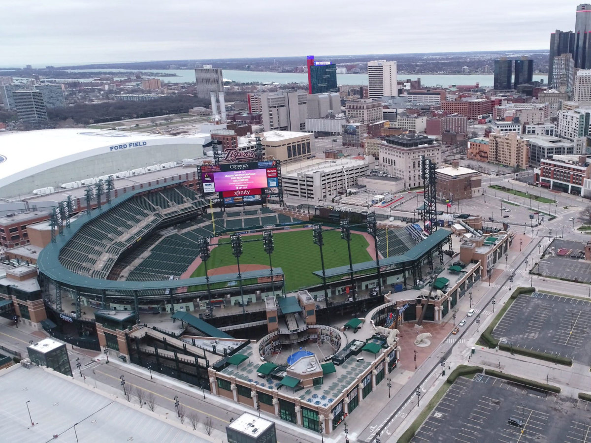 Overhead shot of Detroit skyline and Comerica Park, home of the Tigers.