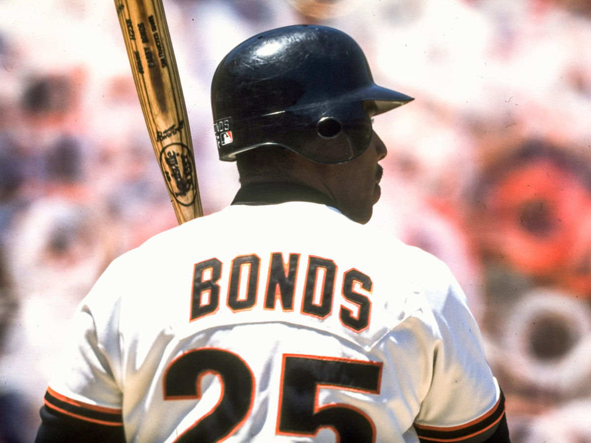 Barry Bonds holding a bat with his back to the camera