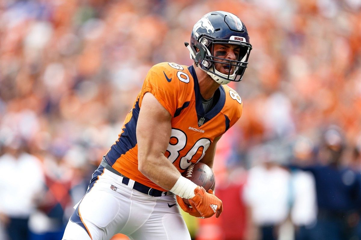 Denver Broncos tight end Jake Butt (80) reacts after a play in the fourth quarter against the Seattle Seahawks at Broncos Stadium at Mile High.