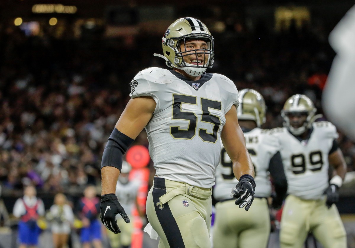 Aug 9, 2019; New Orleans, LA, USA; New Orleans Saints linebacker Kaden Elliss (55) during the second quarter against the Minnesota Vikings at the Mercedes-Benz Superdome. Mandatory Credit: Derick E. Hingle-USA TODAY Sports
