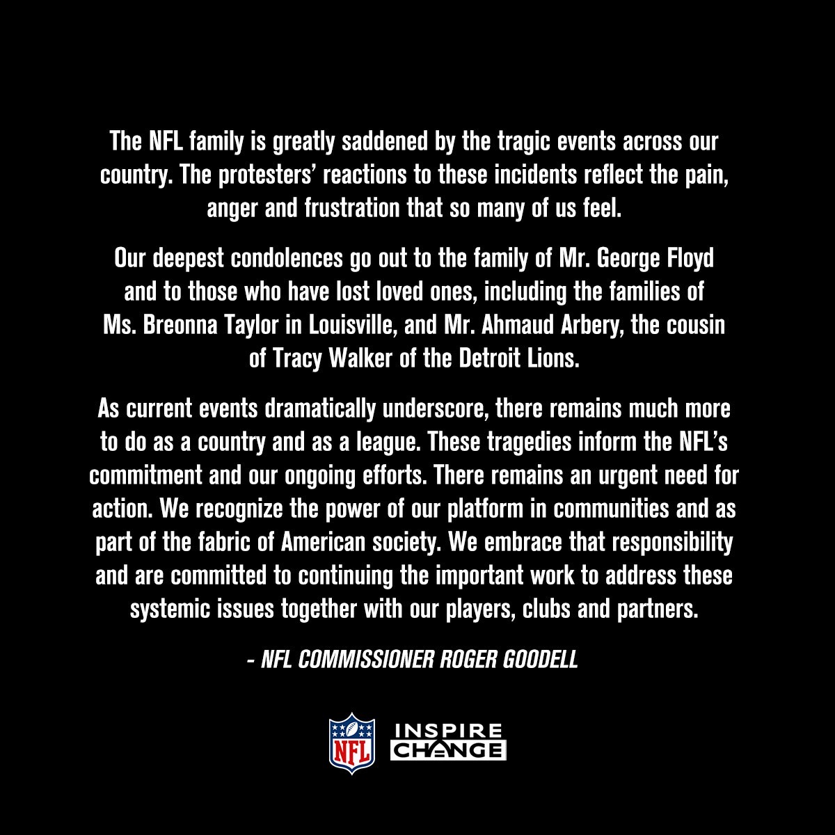 NFL Commissioner Roger Goodell's Statement of George Floyd's Death