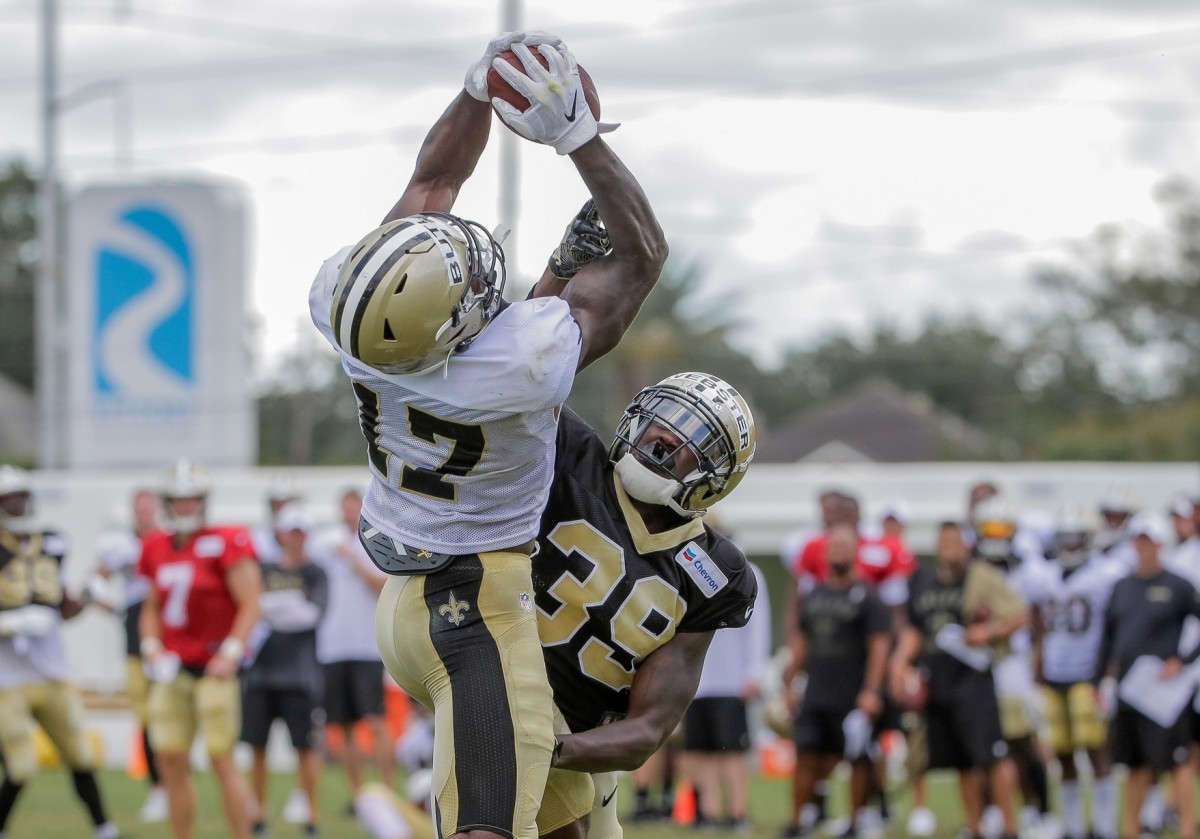 Jul 28, 2019; Metairie, LA, USA; New Orleans Saints wide receiver Emmanuel Butler (17) catches a pass over defensive back Kayvon Webster (39) during training camp practice at the Ochsner Sports Performance Center. Mandatory Credit: Derick E. Hingle-USA TODAY Sports