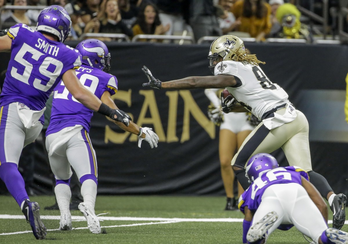Aug 9, 2019; New Orleans, LA, USA; New Orleans Saints wide receiver Lil'Jordan Humphrey (84) scores past Minnesota Vikings safety Marcus Epps (39) during the second half at the Mercedes-Benz Superdome. Mandatory Credit: Derick E. Hingle-USA TODAY Sports