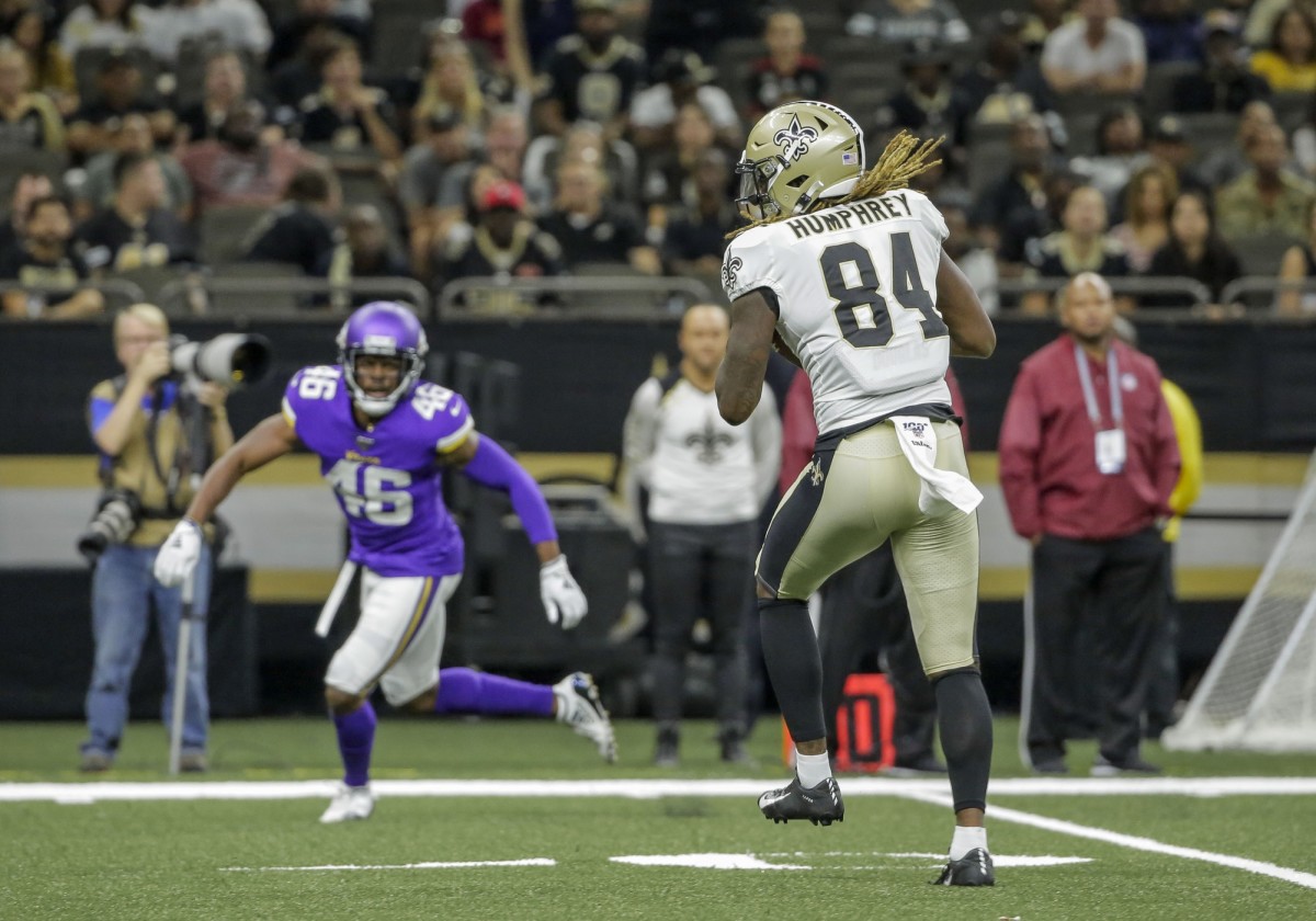 Aug 9, 2019; New Orleans, LA, USA; New Orleans Saints wide receiver Lil'Jordan Humphrey (84) catches and runs for a touchdown against the Minnesota Vikings during the second half at the Mercedes-Benz Superdome. Mandatory Credit: Derick E. Hingle-USA TODAY Sports