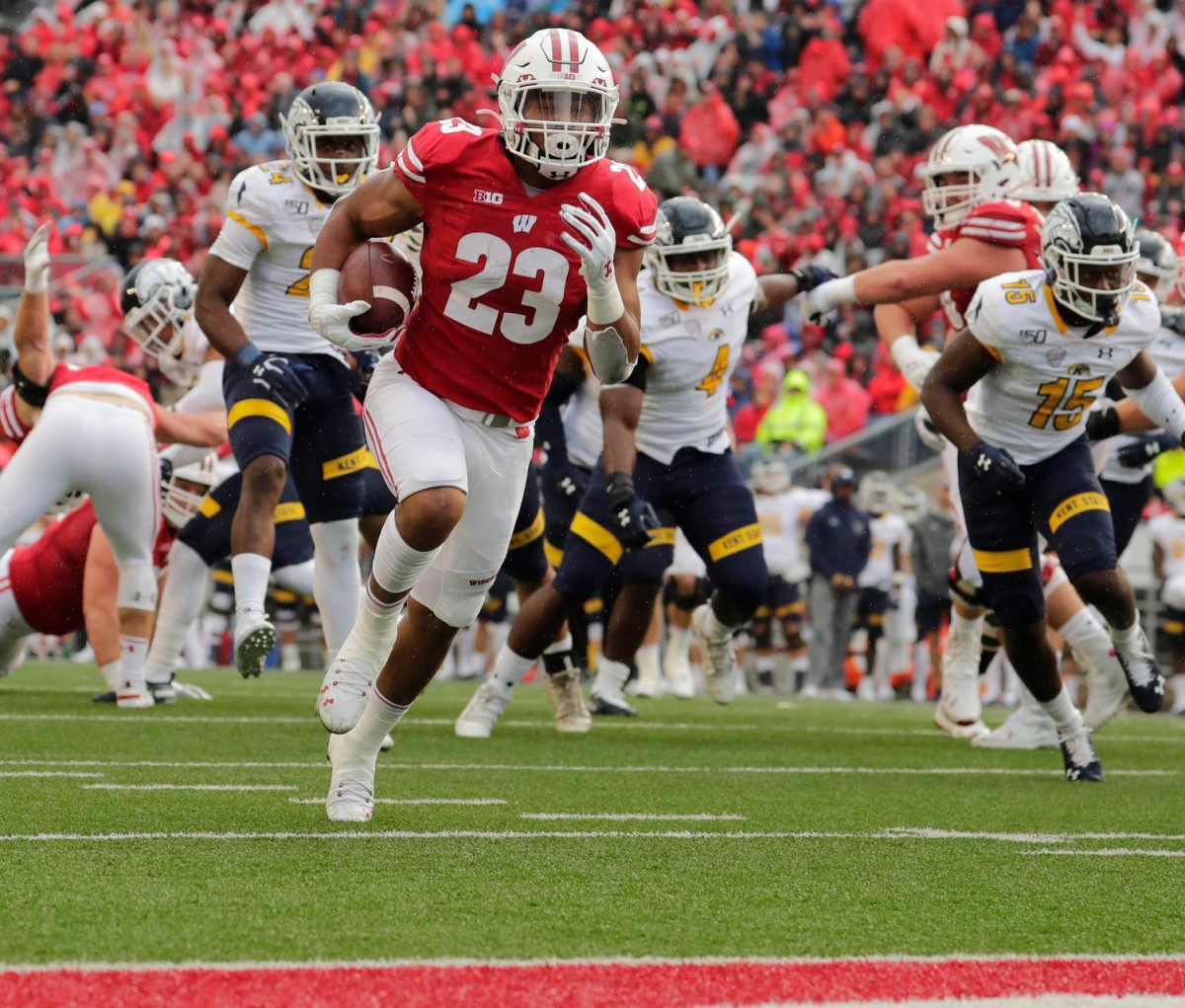 Wisconsin running back Jonathan Taylor, selected in the second round by the Indianapolis Colts, is a popular NFL fantasy pick for his rookie debut in 2020.